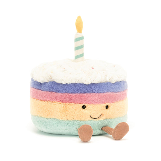 Jellycat Amuseables Rainbow Birthday Cake plush, front view, vibrant cuddle companion for celebrations.