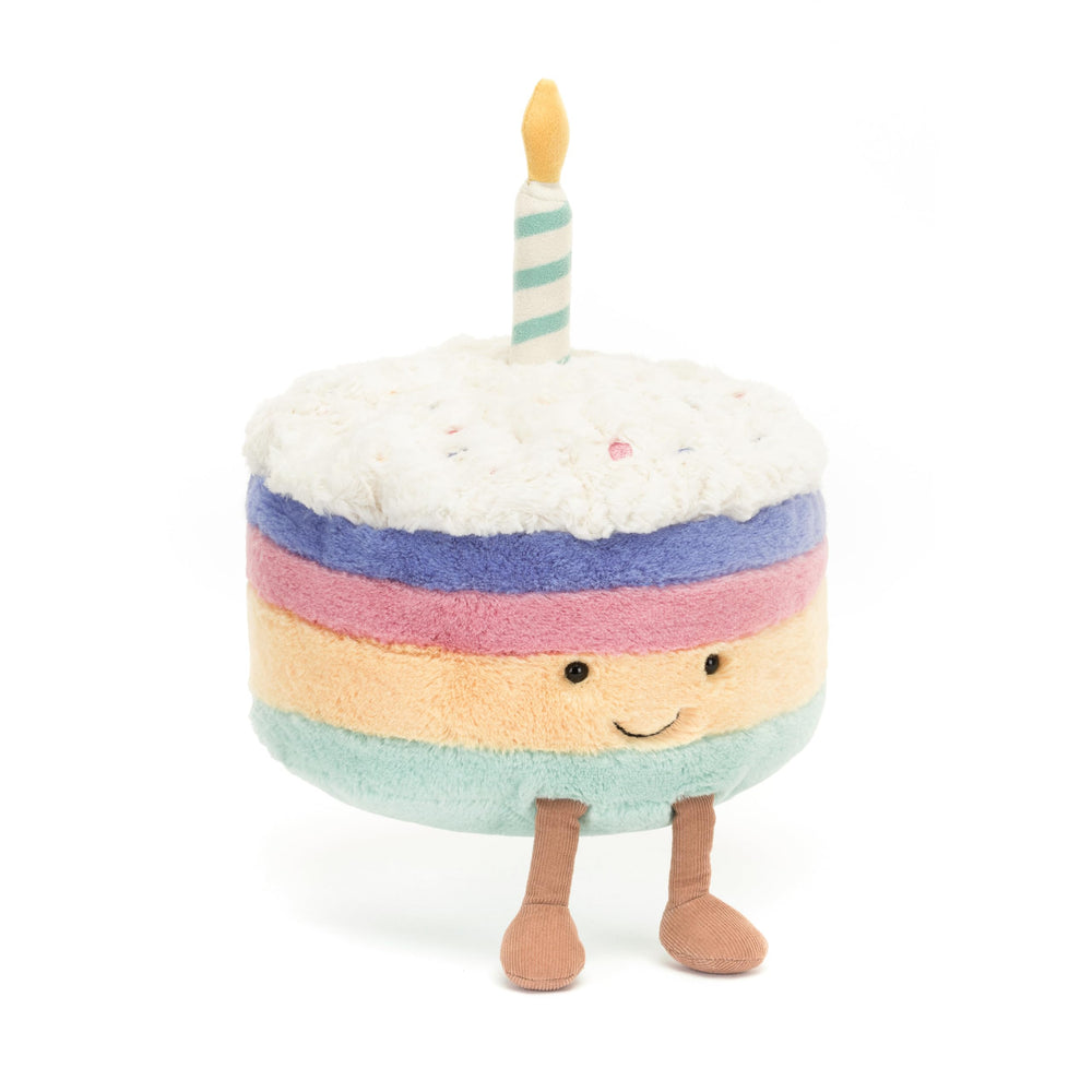 Texture-rich Jellycat Rainbow Birthday Cake plush, soft fabric ideal for bedtime play.