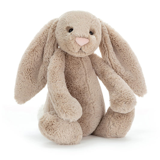 Jellycat Bashful Beige Bunny 14-inch plush with velvet-soft fur for cuddling.