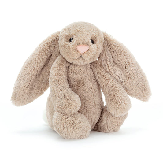 Jellycat Bashful Beige Bunny plush with velvet-soft fur for cozy cuddles.