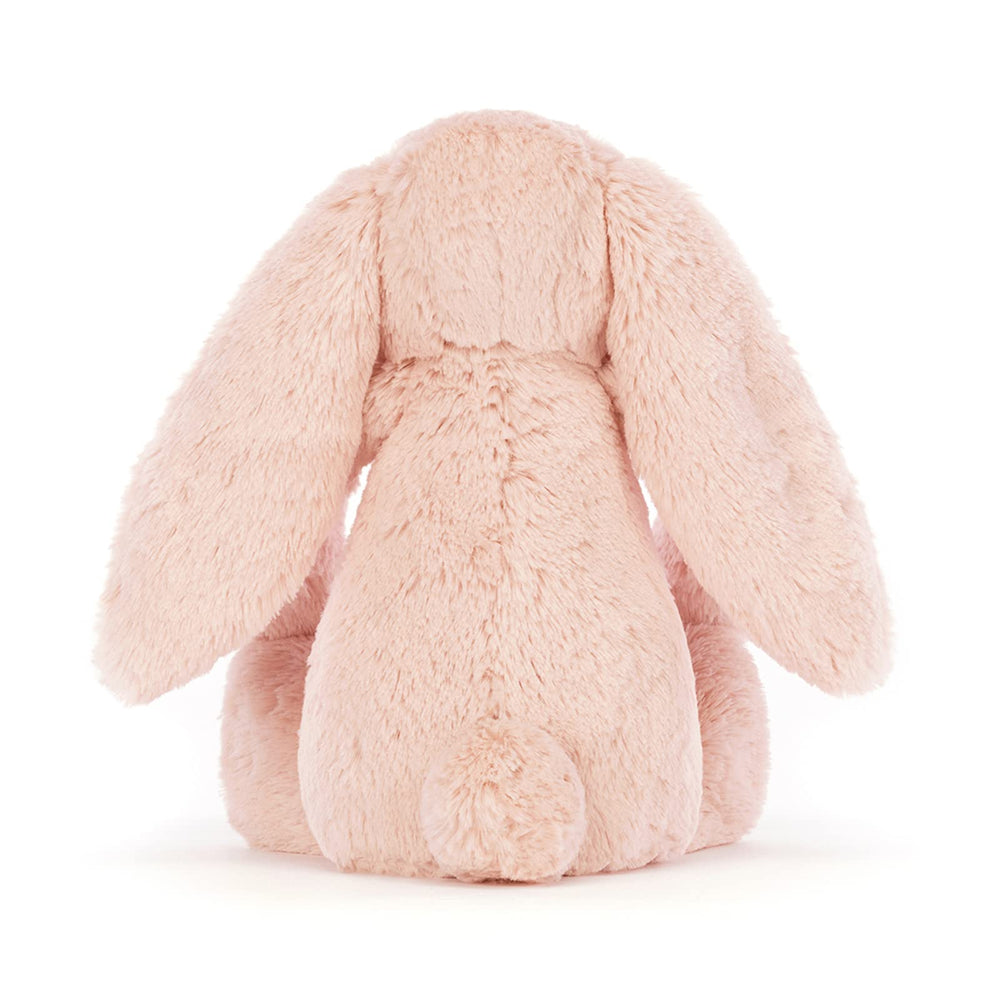 Jellycat Bashful Blush Bunny sitting height showcases compact, huggable size.