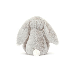 Jellycat Bashful Silver Bunny Bloom floral detail showcases decorative midnight blue design.