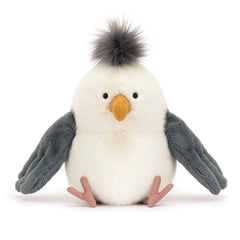 Jellycat Chip Seagull with curved yellow beak, a charming beach-inspired toy.