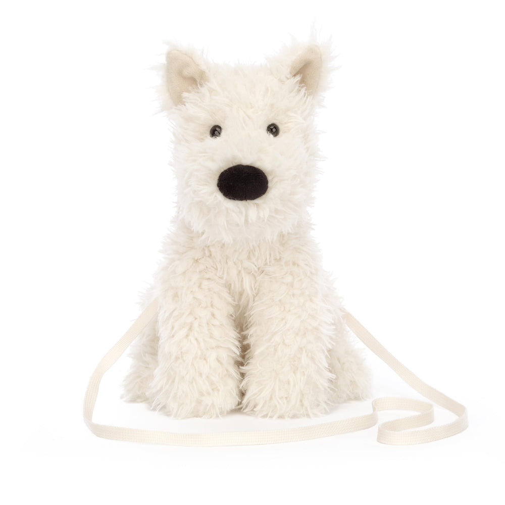 Jellycat Munro Scottie Dog Bag side view with adjustable crossbody strap for comfort.