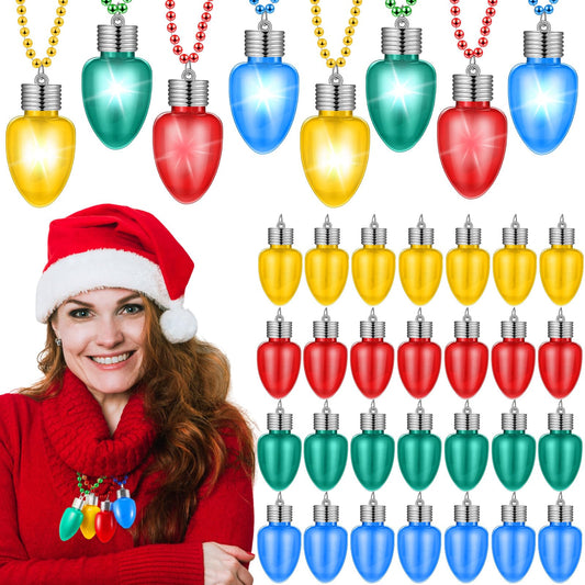 Jenaai 24-pack light-up Christmas bulb necklaces in red, green, blue, gold for festive wear.