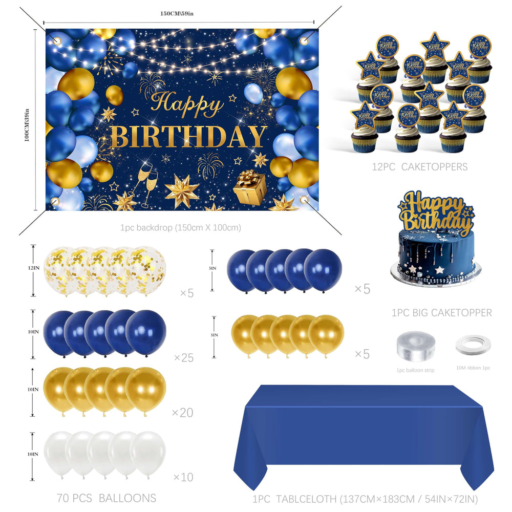 Jenlion blue-gold balloon arch setup creates a festive focal point.