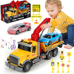 Jentatnua 15-inch tow truck toy crane trailer with lights for imaginative rescue play.