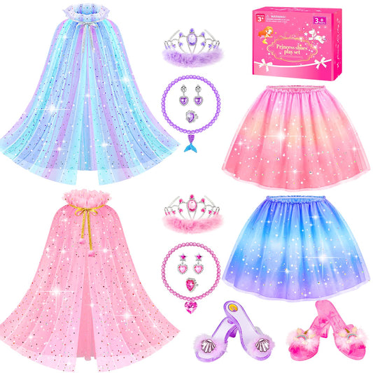 Jeowoqao princess dress up set in a pink box showing all pieces for easy transport and storage