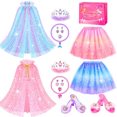 Jeowoqao princess dress up set in a pink box showing all pieces for easy transport and storage