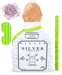 Jergrim white tequila bottle pinata hangs as colorful birthday decor.