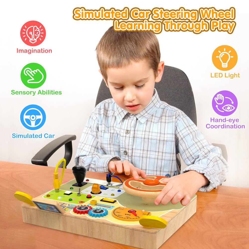 Colorful lights and mirrors on the busy board spark visual curiosity and imagination.