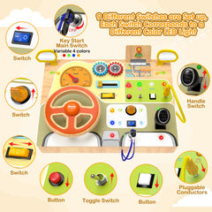 Ignition switch section on the busy board promotes precise button press and cause-and-effect play.