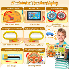 Steering wheel and lever on the busy board invite active pretend driving play.