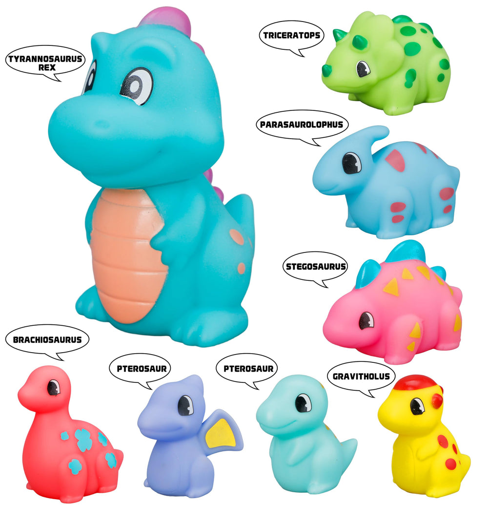 JHXXXL 8-pack dinosaur bath toys glow automatically while submerged for sensory play.