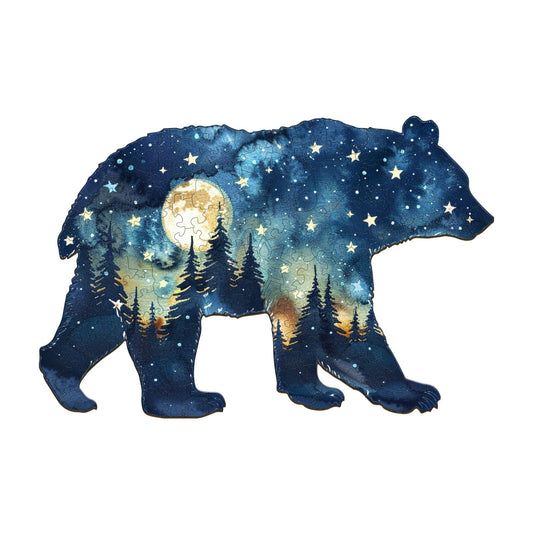 Jigfoxy Astral Bear puzzle pieces arranged, promotes focus and dexterity.