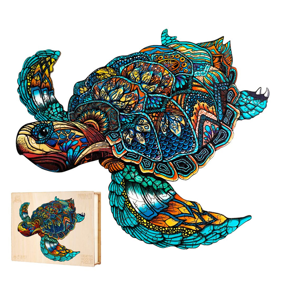 Jigfoxy sea turtle puzzle complete view showing durable wood and clean finish