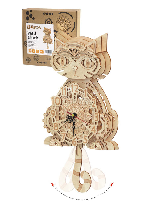 JigToy wooden 3D cat clock puzzle front view for stylish wall decor