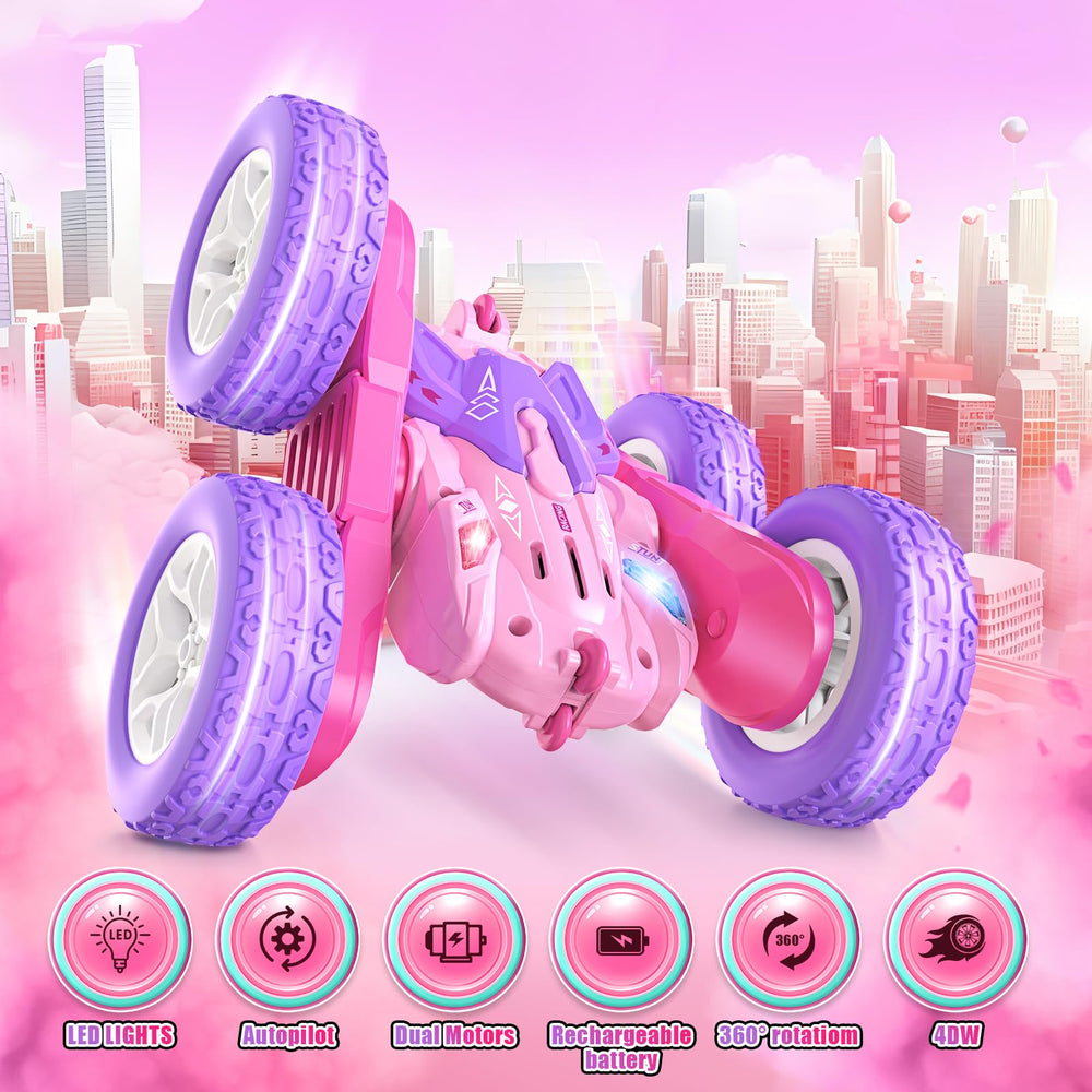 Jimdella RC stunt car pink side flip captures bold maneuvers.