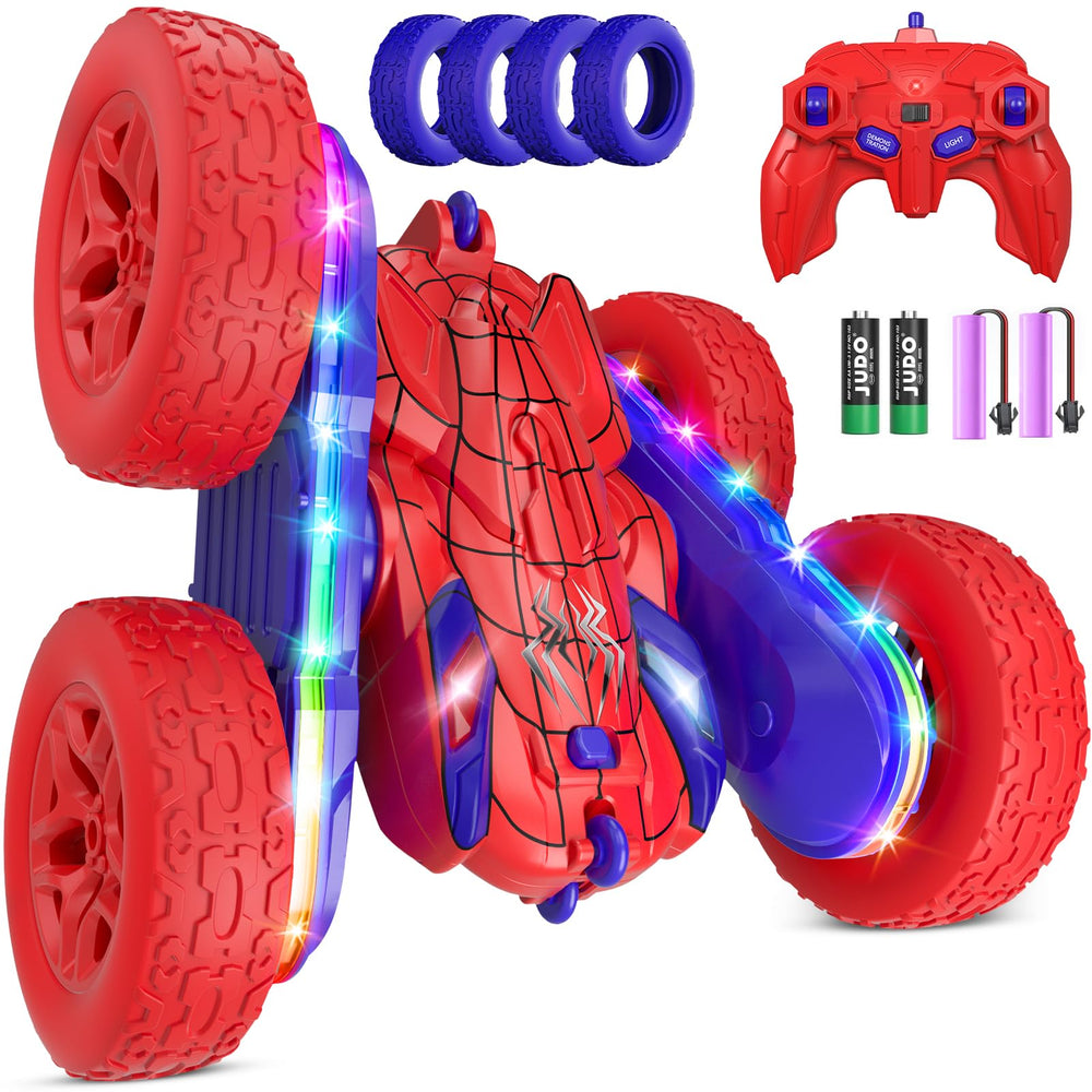 Jimdella Spider RC Car front view showing retro colors and LED lights for action.