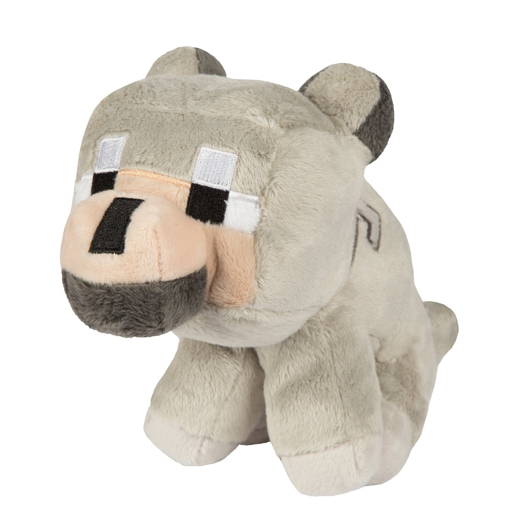 JINX Minecraft baby wolf plush gray front view, ideal for cuddling and display.