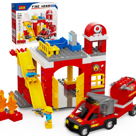 JIXIN Fire Station Playset unboxing scene showing components