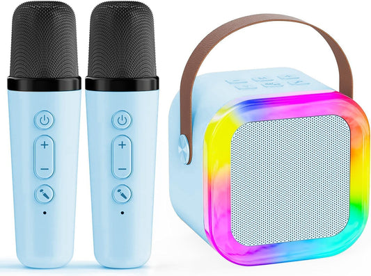 JJYEITUO kids karaoke machine blue with 2 wireless mics for home fun.
