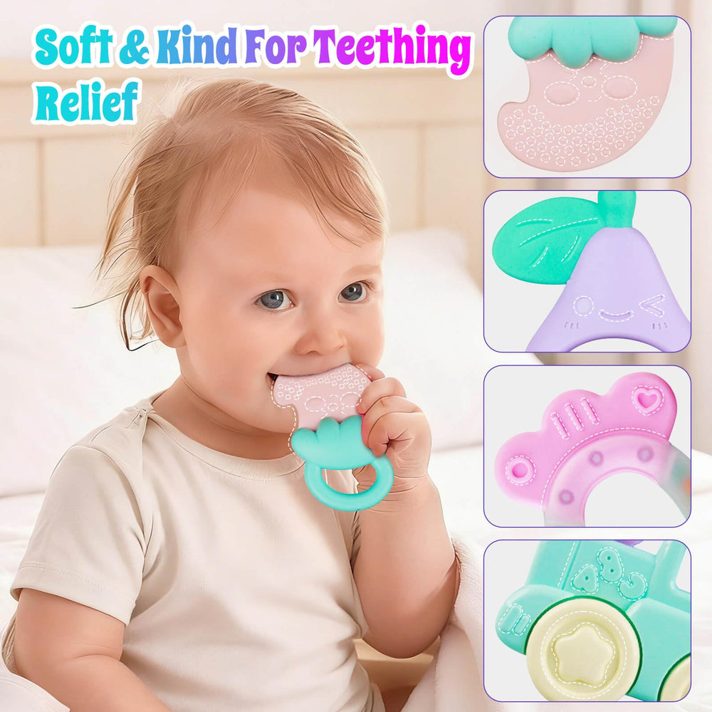 JKHEPL teether with colorful patterns encourages visual interest and tactile play.