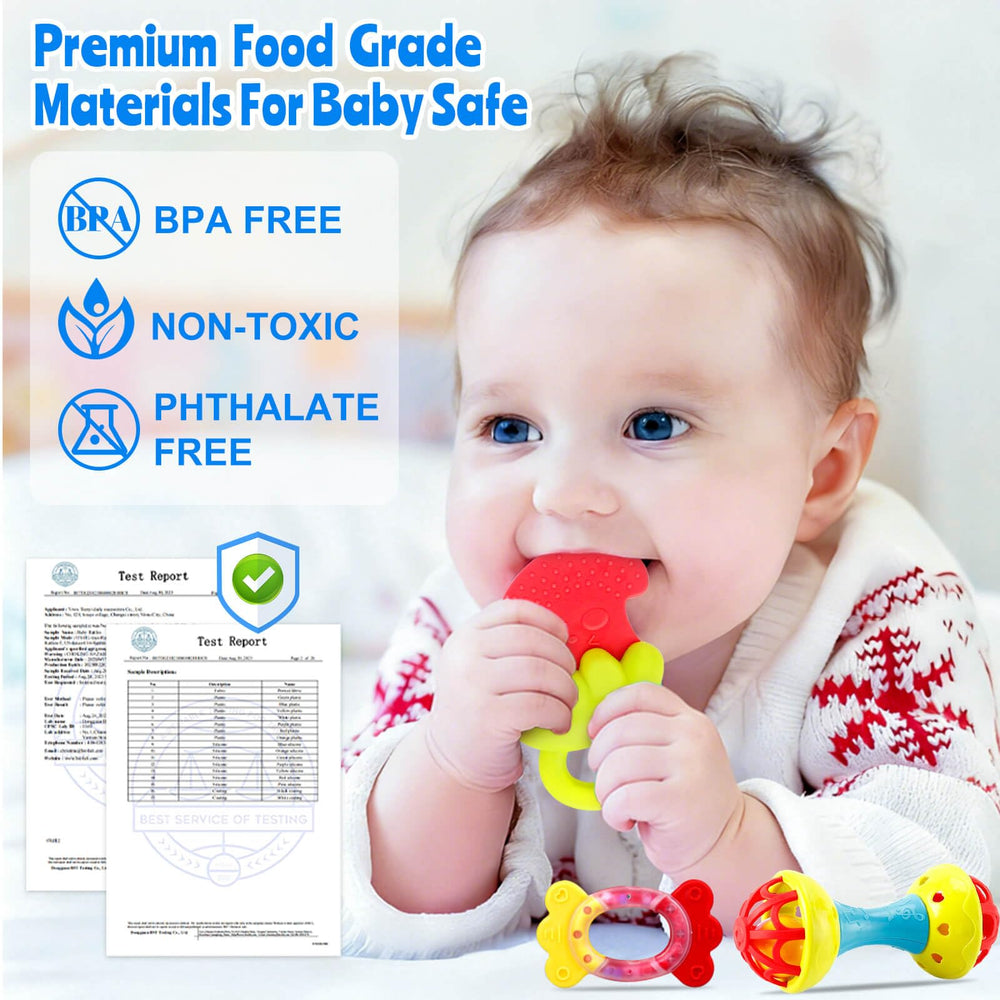 JKHEPL baby toys teether figures in hand demonstrates early grip and soothing relief.