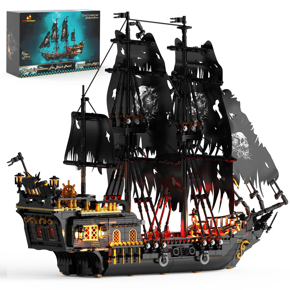 JMBricklayer pirate ship lights illuminate the model for a dramatic display.