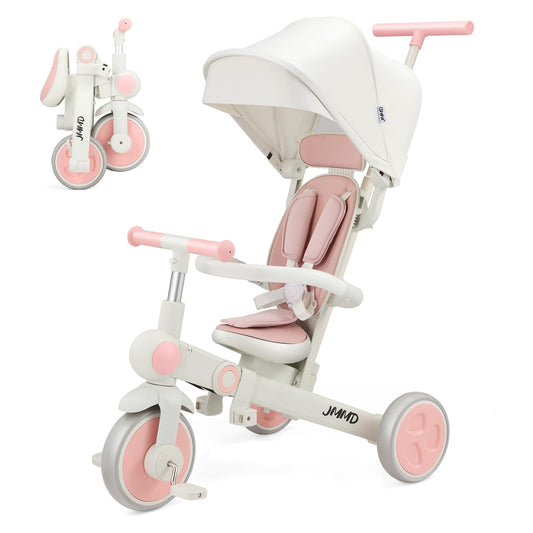 JMMD baby tricycle frame in pink, showing the 7-in-1 growth design.