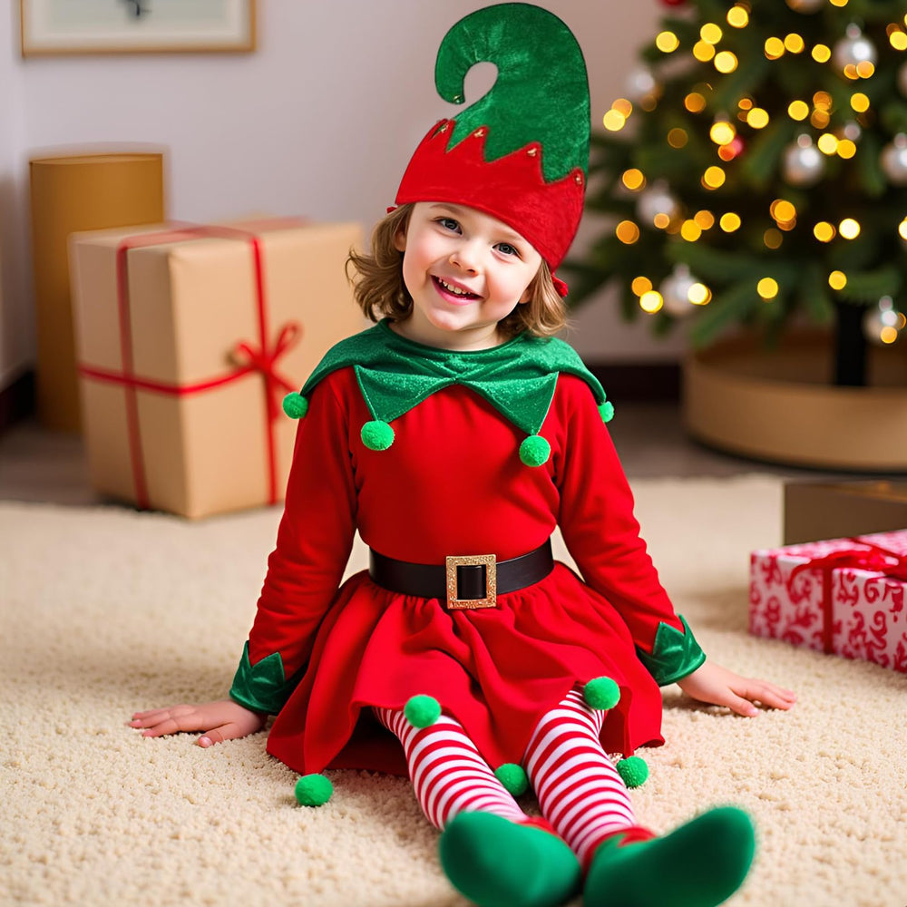 JNYVE Christmas elf costume on child captures a playful holiday outfit.