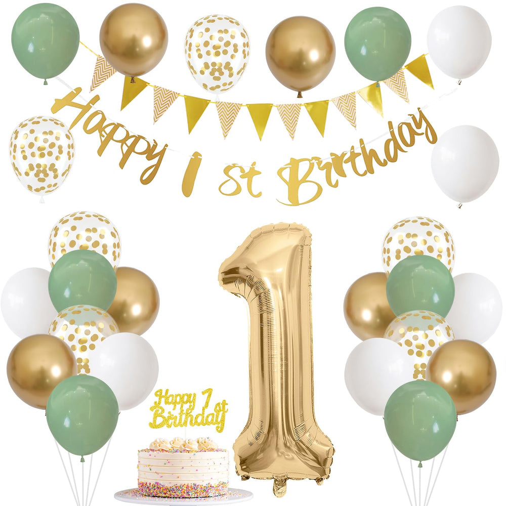 Jobkoo sage green gold banner for 1st birthday décor enhances photo-ready moments