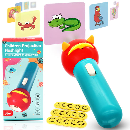 JOCOUNY children's projector toy with blue-red body showcases projection for kids' learning and play.