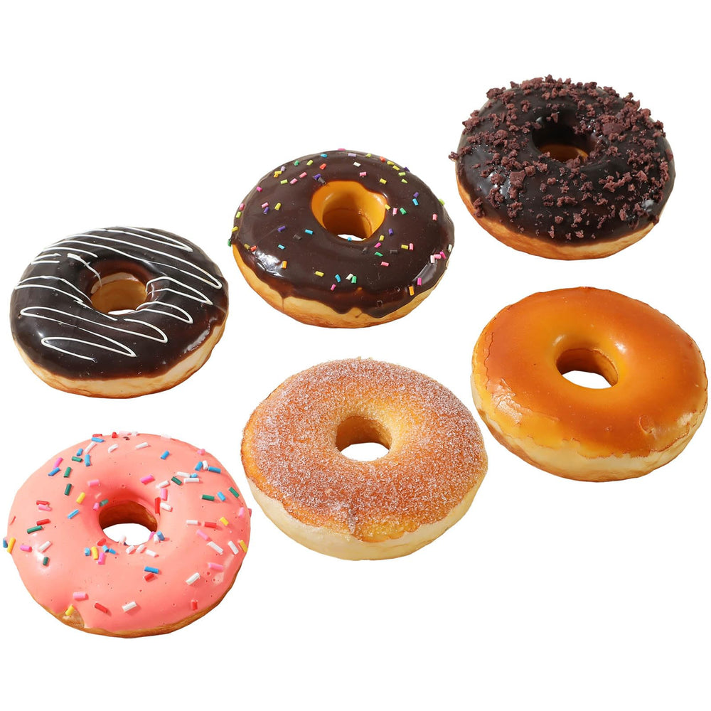 Joeabor fake donut six-pack on table, ideal for decorative displays and festive setups.