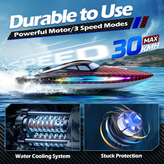 Jogpun RC Boat 30KMH front view with LED lights enhances night visibility.