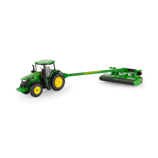 John Deere 7R 270 tractor with mower set, front view, durable die-cast build for imaginative play