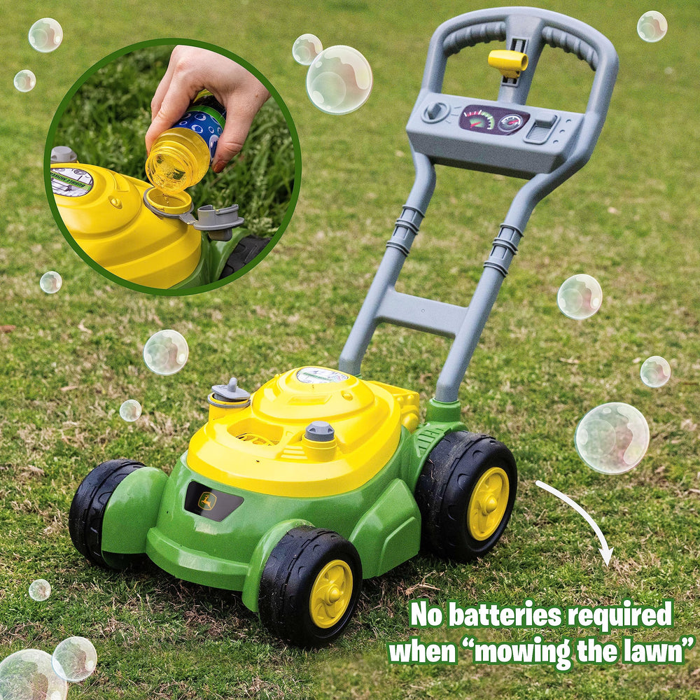Child pushing John Deere mower encourages walking and coordination.