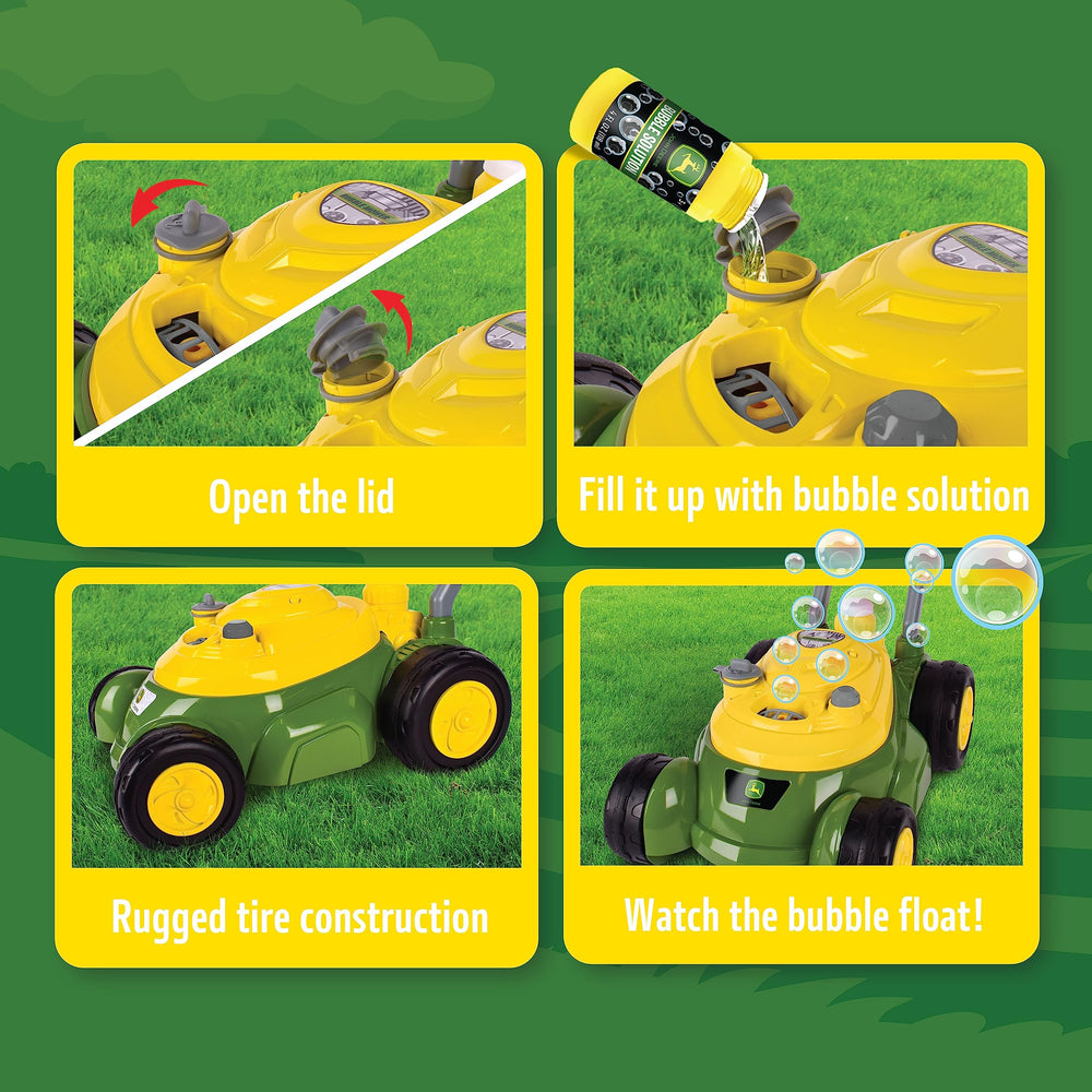John Deere mower includes bubble solution for quick setup and continuous bubbles.