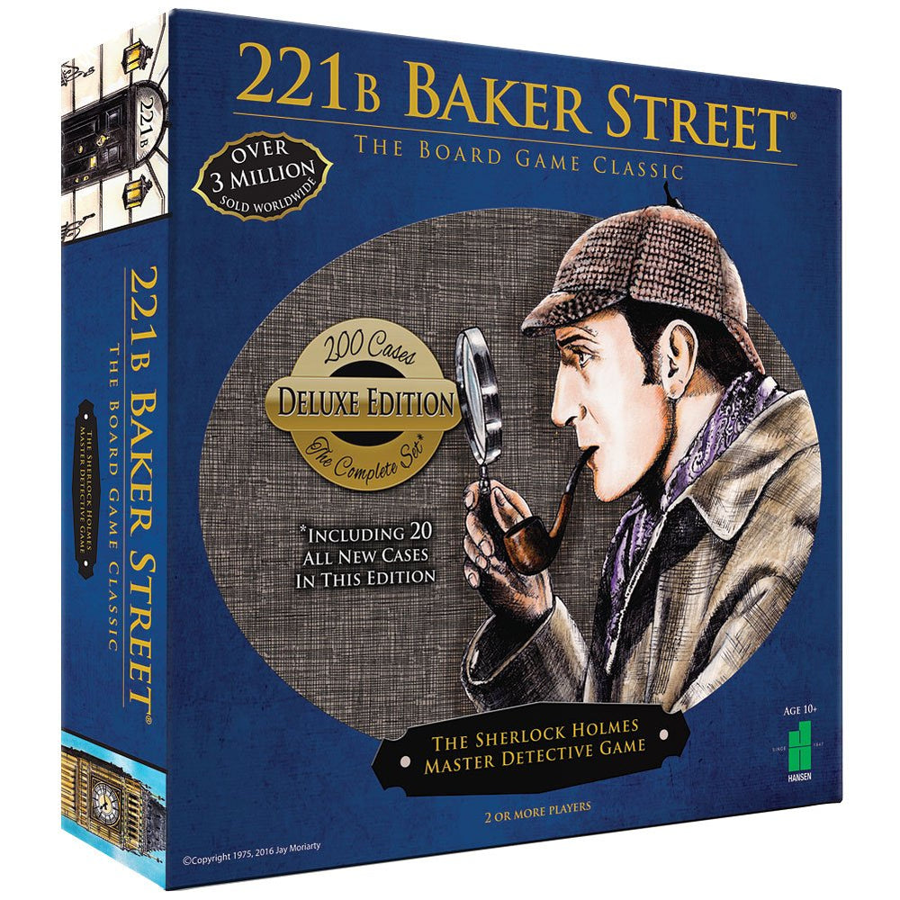 John N. Hansen Deluxe 221B Baker Street board game cover inviting mystery play sessions.