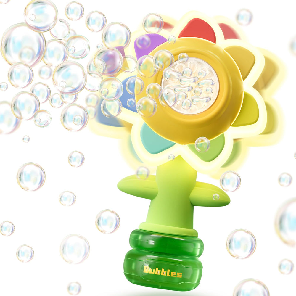 JOI MEW flower bubble gun in sunny yellow with LED lights for magical outdoor play.
