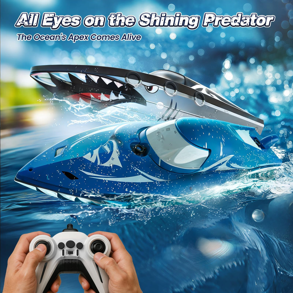 JOI MEW Shark RC Boat 50-minute runtime with two batteries for extended fun.