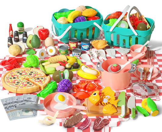 JOKERKING 150-piece kitchen playset ingredients for imaginative pretend grocery shopping adventures.