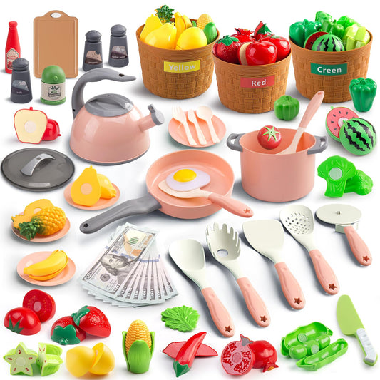 JOKERKING 90-piece kitchen playset with pots and pans for imaginative pretend cooking.