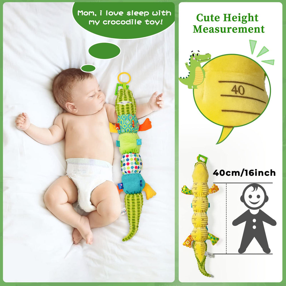 Jollybaby alligator plush toy offers soft textures for safe baby play