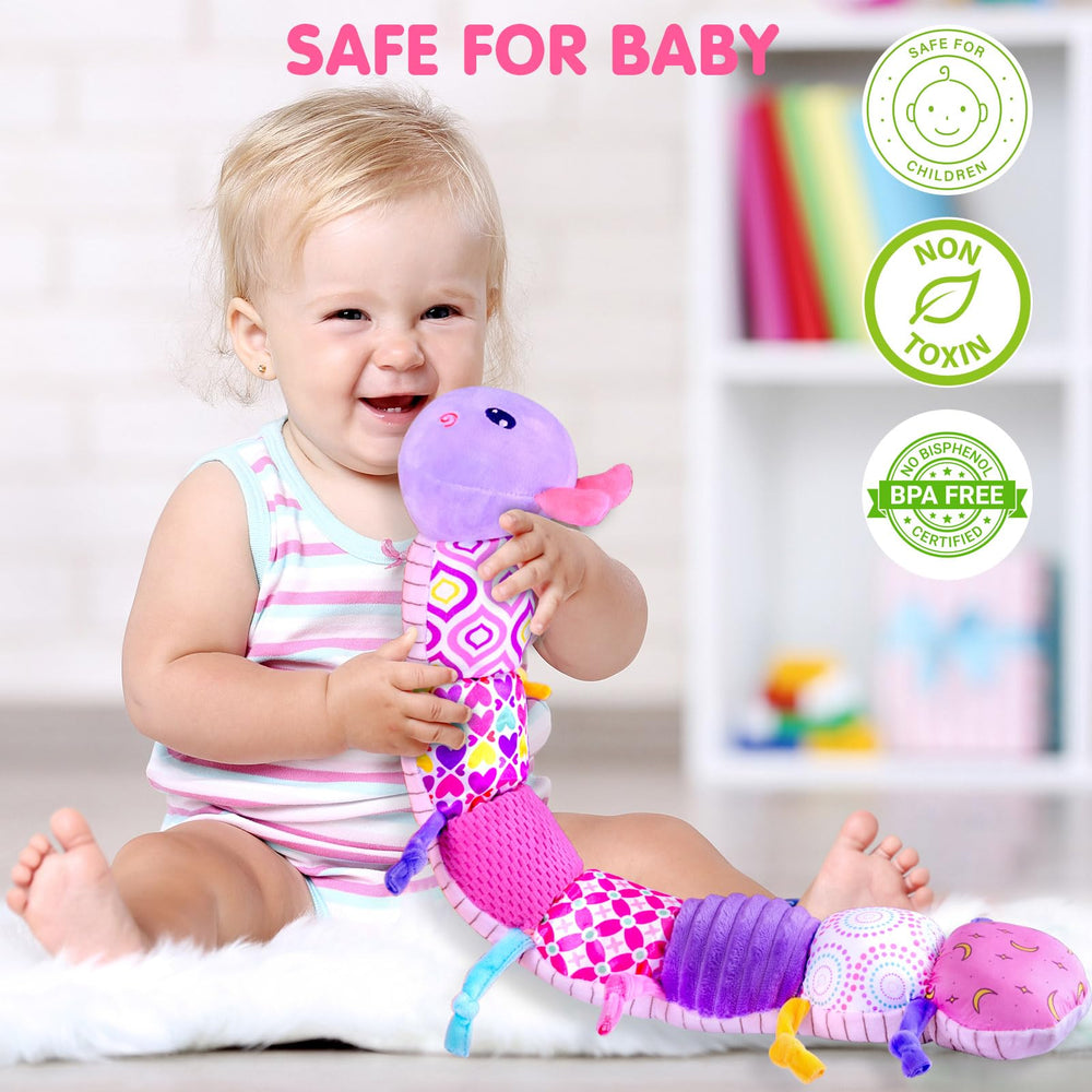 Jollybaby Caterpillar Toy bright colors and textures support visual development