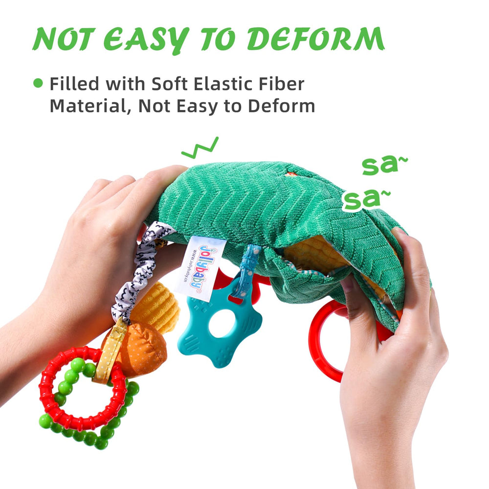 Jollybaby crinkle fabric teether for safe mouthing and soothing gums.