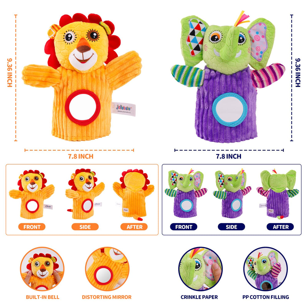 Jollybaby puppet with crinkling ears adds tactile texture for exploration.