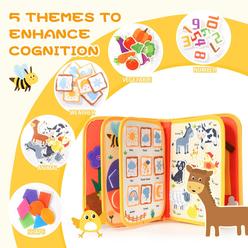 Jollybaby Farm Busy Book puzzle board promotes problem solving through colors.