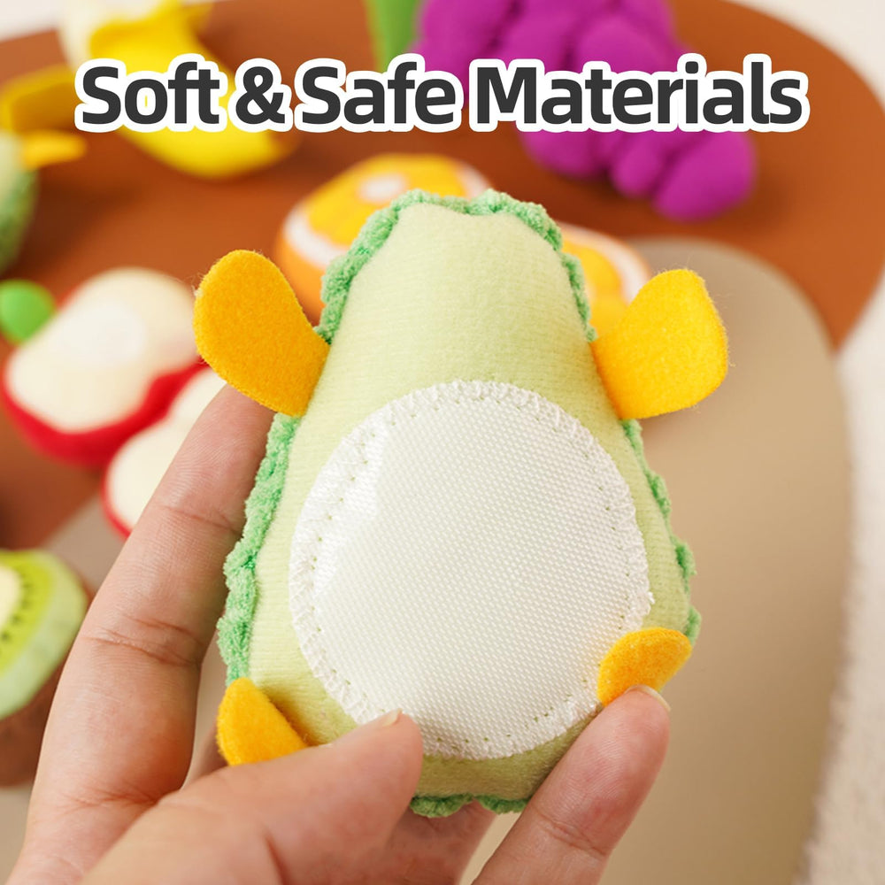 Jollybaby orange plush fruit helps develop fine motor skills during pretend meals.