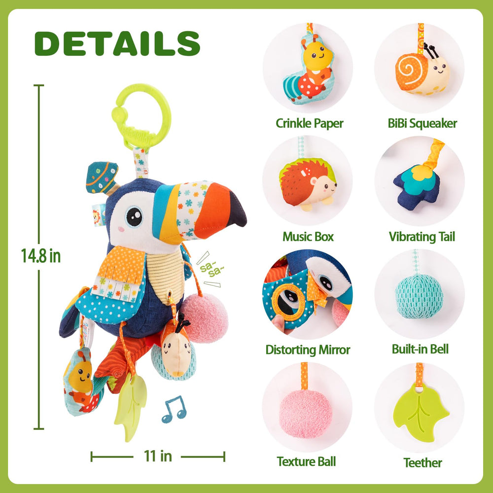 Jollybaby toucan crinkle paper feature enhances auditory curiosity.
